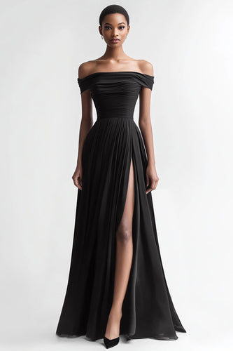 Black A Line Chiffon Long Evening Dress with Slit