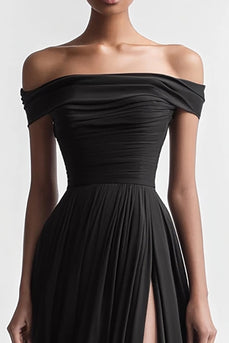 Black A Line Chiffon Long Evening Dress with Slit