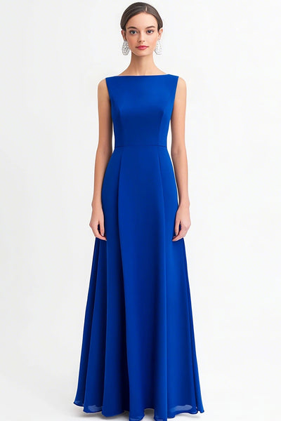 Royal Blue A Line Chiffon Bateau Neck Long Evening Dress