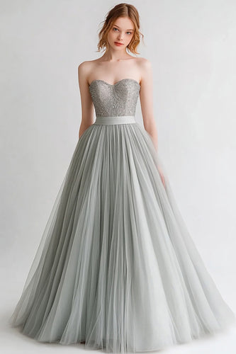 Light Grey A Line Sweetheart Long Tulle Evening Dress