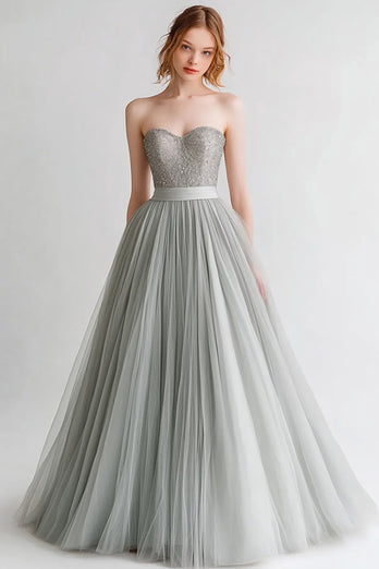 Light Grey A Line Sweetheart Long Tulle Evening Dress