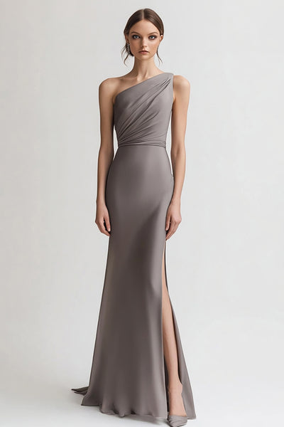 Grey Sheath Satin One Shoulder Long Evening Dress with Slit