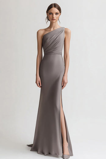 Grey Sheath Satin One Shoulder Long Evening Dress with Slit