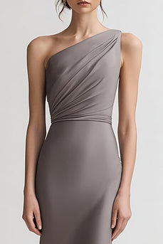Grey Sheath Satin One Shoulder Long Evening Dress with Slit