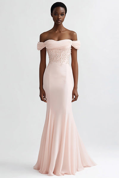 Pink Mermaid Chiffon Off the Shoulder Long Evening Dress