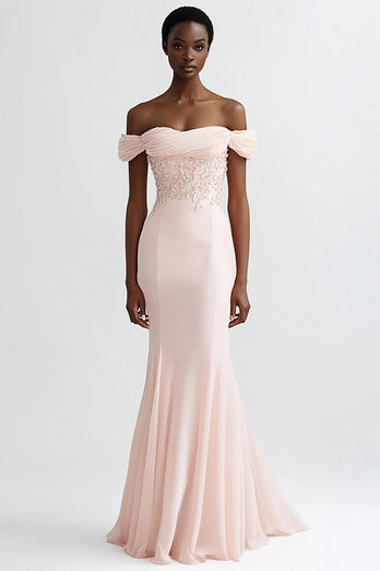 Pink Mermaid Chiffon Off the Shoulder Long Evening Dress