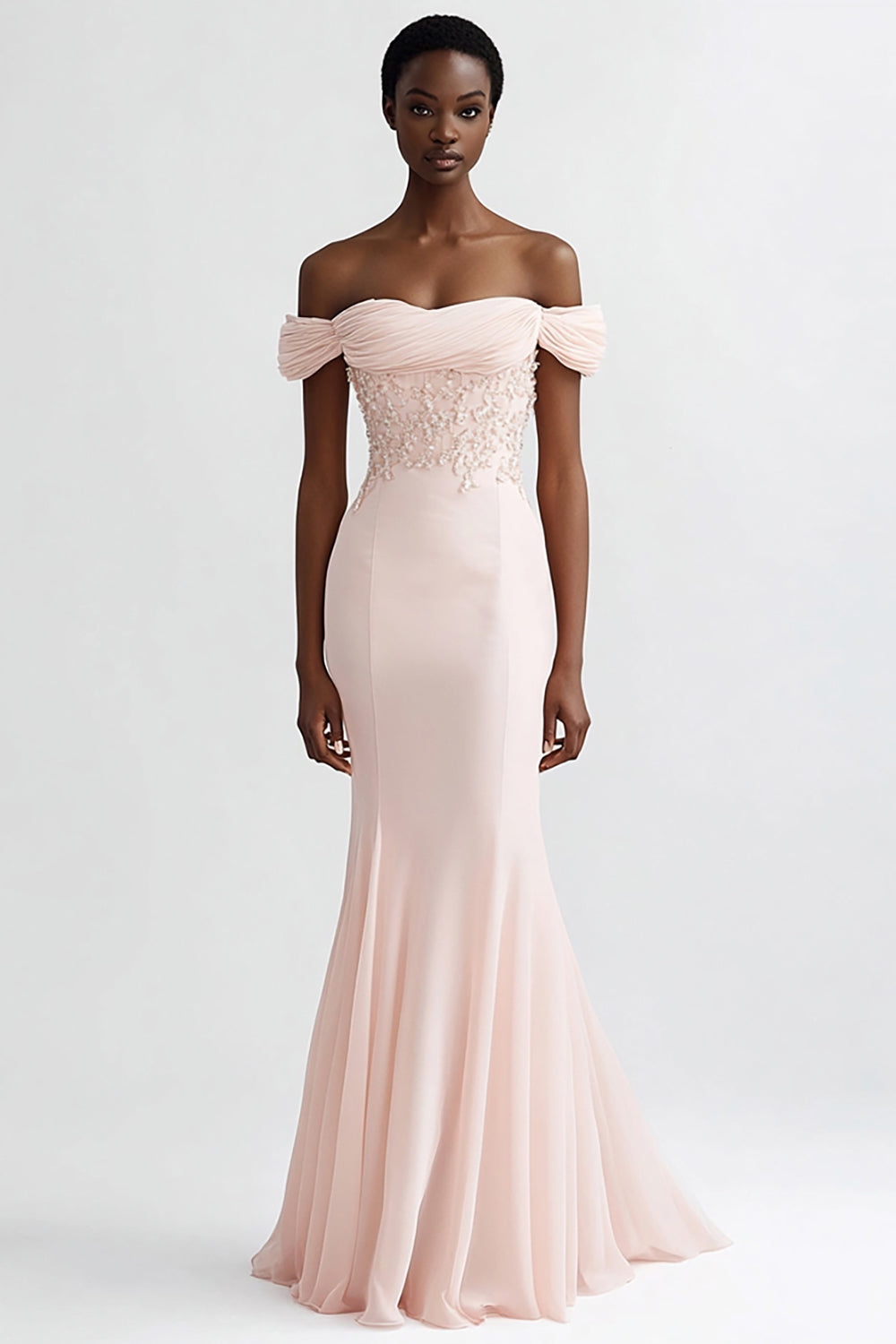 Pink Mermaid Chiffon Off the Shoulder Long Evening Dress