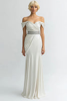 Load image into Gallery viewer, Ivory Sheath Satin Off the Shoulder Long Evening Dress