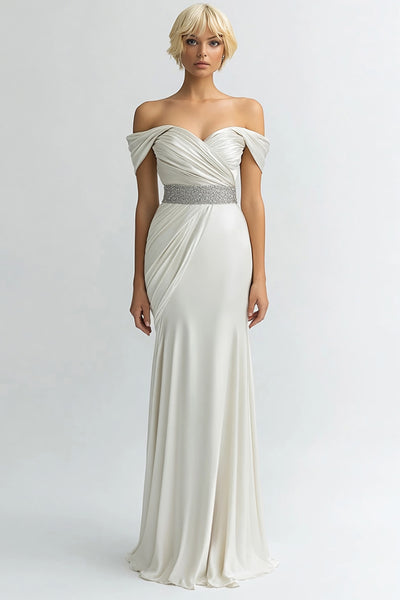 Ivory Sheath Satin Off the Shoulder Long Evening Dress