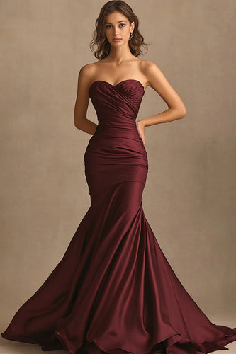 Burgundy Satin Mermaid Sweetheart Long Evening Dress