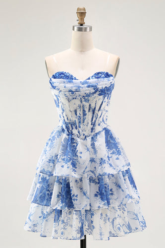 Floral White Blue A Line Strapless Short Corset Homecoming Dress