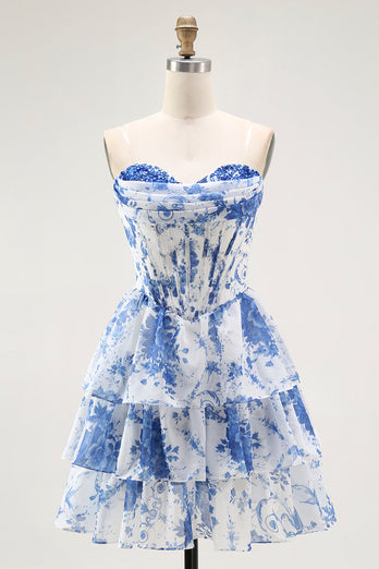 Floral White Blue A Line Strapless Short Corset Homecoming Dress