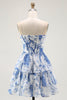 Load image into Gallery viewer, Floral White Blue A Line Strapless Short Corset Homecoming Dress