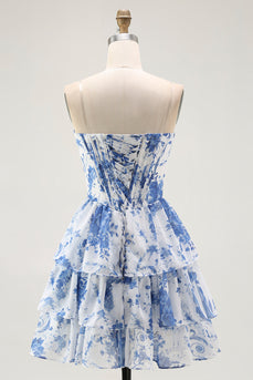 Floral White Blue A Line Strapless Short Corset Homecoming Dress