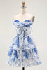 Load image into Gallery viewer, Floral White Blue A Line Strapless Short Corset Homecoming Dress