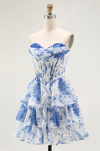 Floral White Blue A Line Strapless Short Corset Homecoming Dress