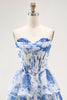 Load image into Gallery viewer, Floral White Blue A Line Strapless Short Corset Homecoming Dress