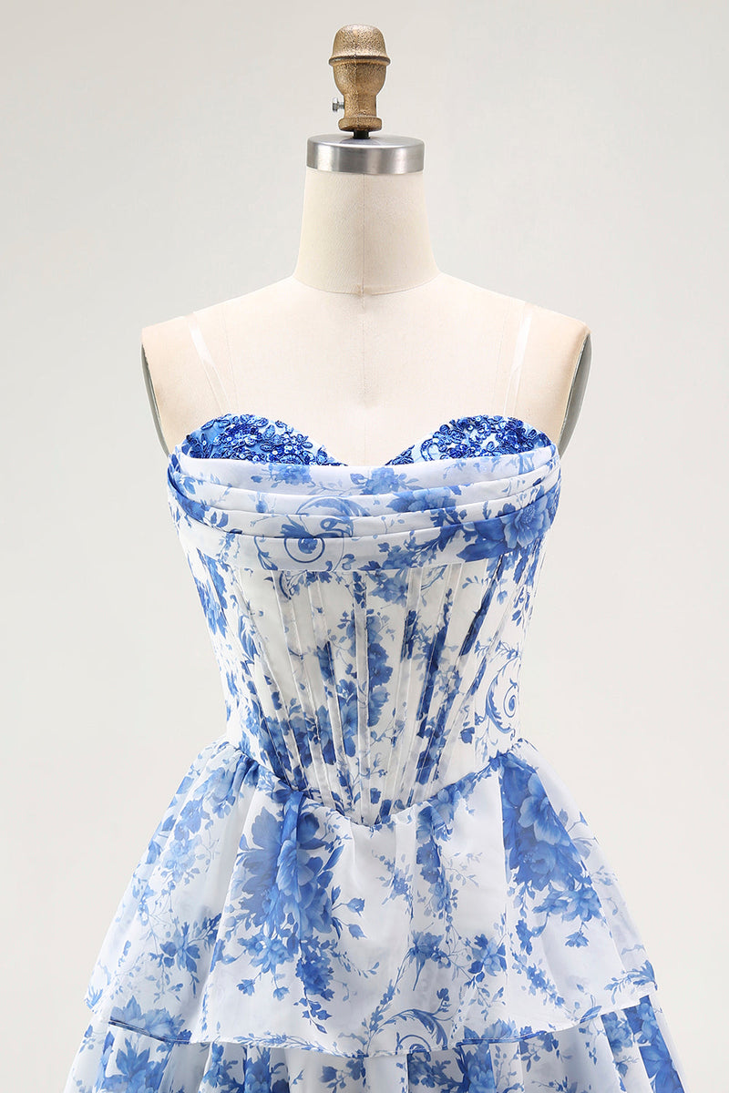 Load image into Gallery viewer, Floral White Blue A Line Strapless Short Corset Homecoming Dress