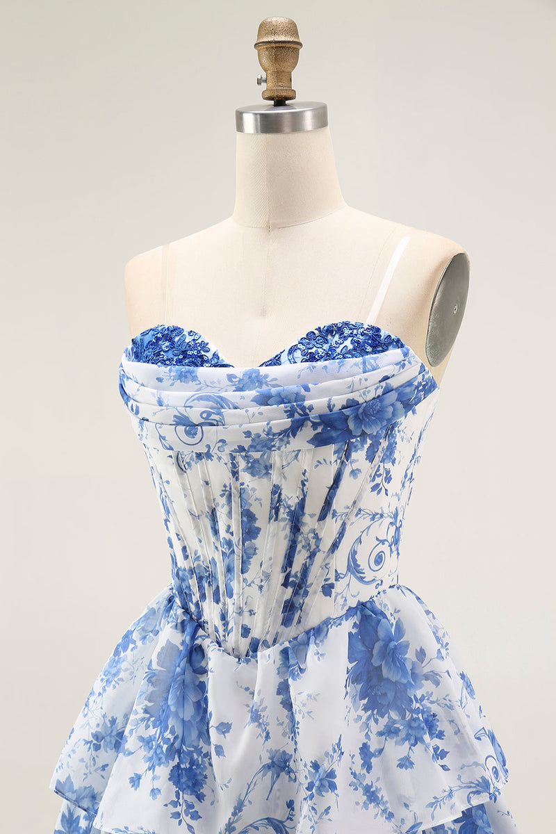 Load image into Gallery viewer, Floral White Blue A Line Strapless Short Corset Homecoming Dress