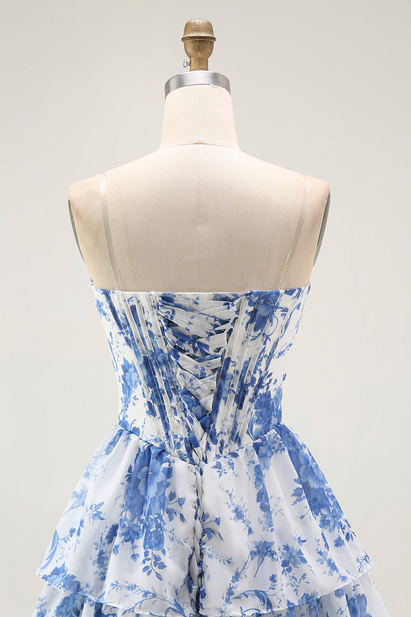 Load image into Gallery viewer, Floral White Blue A Line Strapless Short Corset Homecoming Dress