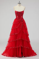 Load image into Gallery viewer, Lavender Corset A Line Sequins Long Tiered Prom Dress with Slit