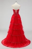 Load image into Gallery viewer, Lavender Corset A Line Sequins Long Tiered Prom Dress with Slit