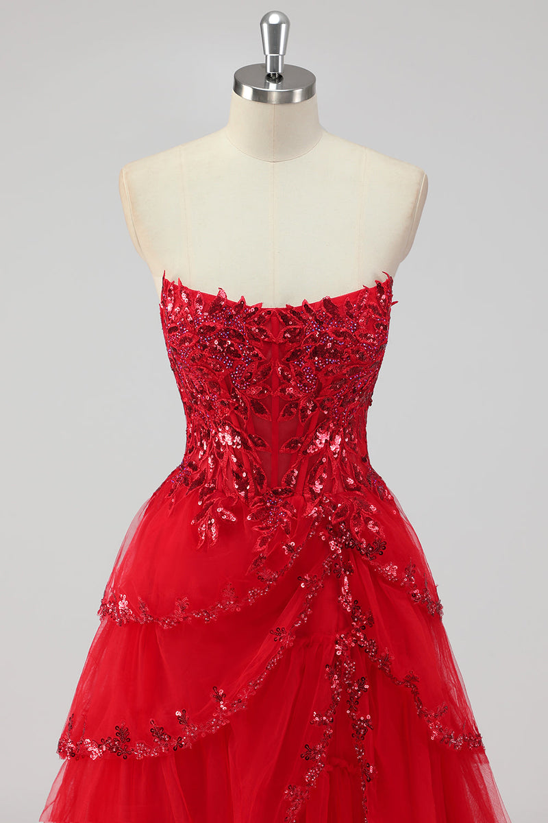 Load image into Gallery viewer, Lavender Corset A Line Sequins Long Tiered Prom Dress with Slit