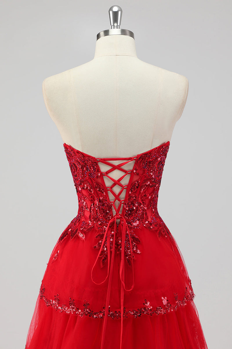 Load image into Gallery viewer, Lavender Corset A Line Sequins Long Tiered Prom Dress with Slit