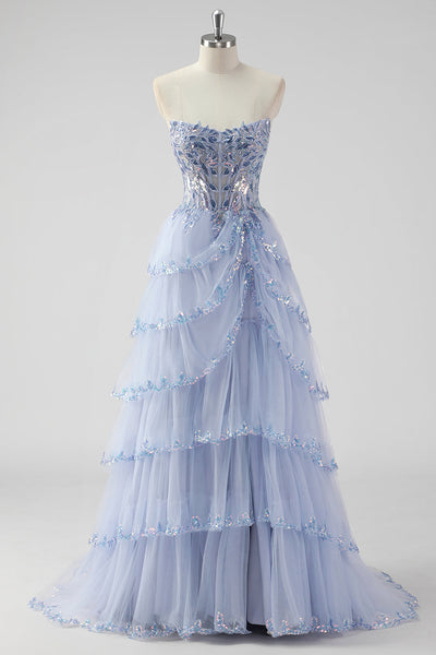 Lavender Corset A Line Sequins Long Tiered Prom Dress with Slit