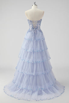 Lavender Corset A Line Sequins Long Tiered Prom Dress with Slit