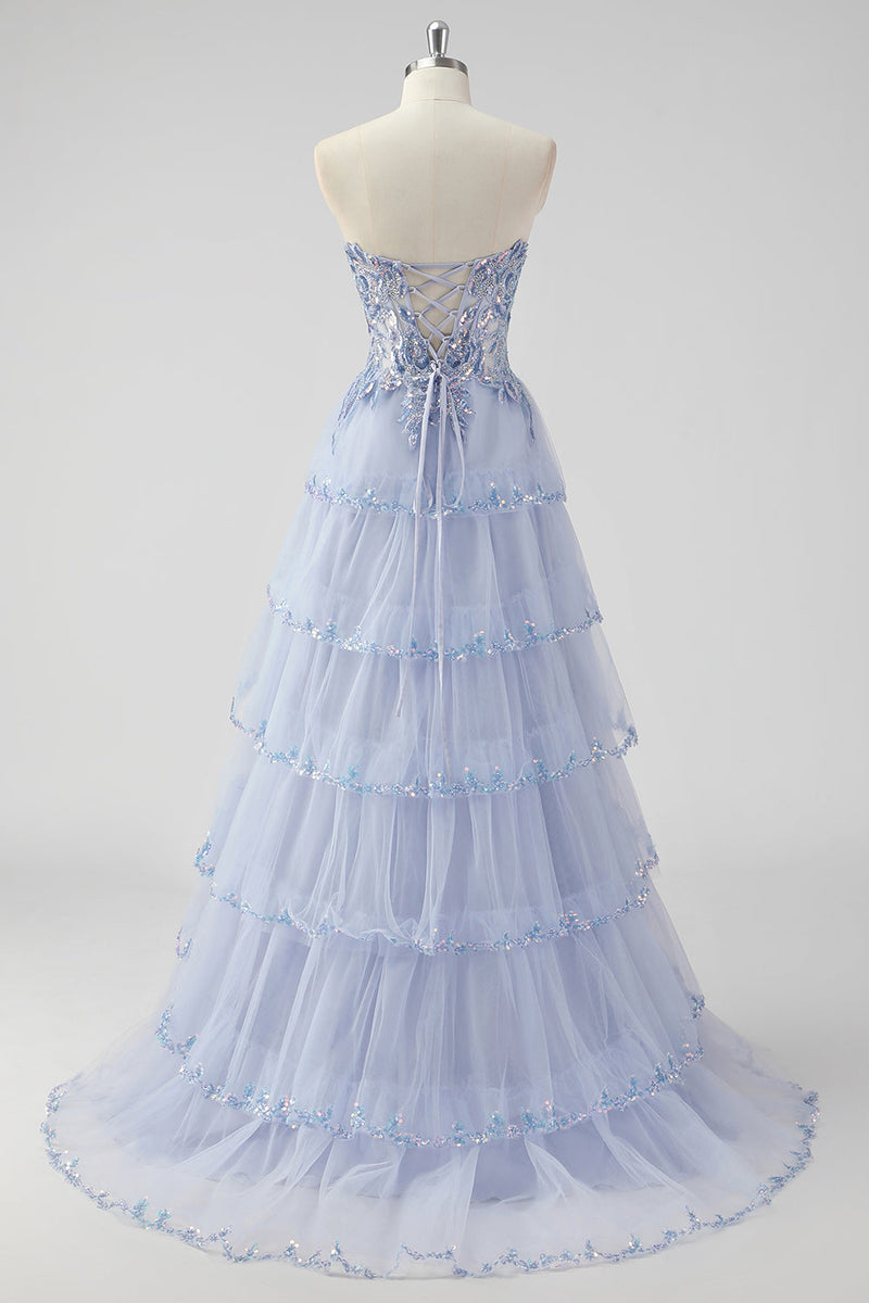 Load image into Gallery viewer, Lavender Corset A Line Sequins Long Tiered Prom Dress with Slit