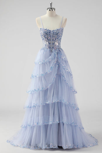 Lavender Corset A Line Sequins Long Tiered Prom Dress with Slit