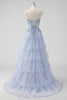 Load image into Gallery viewer, Lavender Corset A Line Sequins Long Tiered Prom Dress with Slit