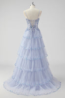 Load image into Gallery viewer, Lavender Corset A Line Sequins Long Tiered Prom Dress with Slit