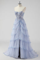 Load image into Gallery viewer, Lavender Corset A Line Sequins Long Tiered Prom Dress with Slit