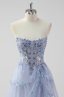 Load image into Gallery viewer, Lavender Corset A Line Sequins Long Tiered Prom Dress with Slit