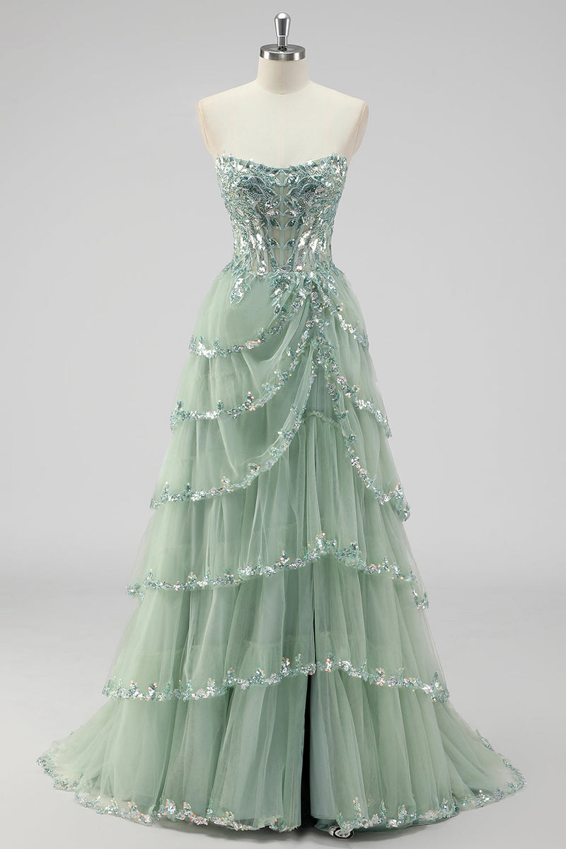 Load image into Gallery viewer, Lavender Corset A Line Sequins Long Tiered Prom Dress with Slit