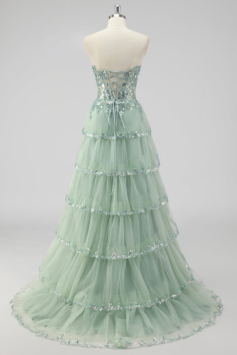 Load image into Gallery viewer, Lavender Corset A Line Sequins Long Tiered Prom Dress with Slit