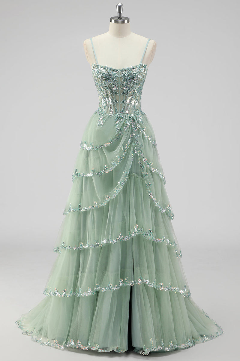 Load image into Gallery viewer, Lavender Corset A Line Sequins Long Tiered Prom Dress with Slit