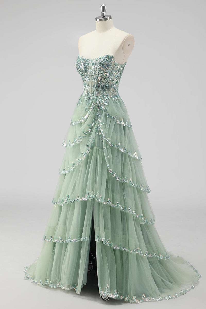 Load image into Gallery viewer, Lavender Corset A Line Sequins Long Tiered Prom Dress with Slit