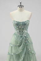 Load image into Gallery viewer, Lavender Corset A Line Sequins Long Tiered Prom Dress with Slit
