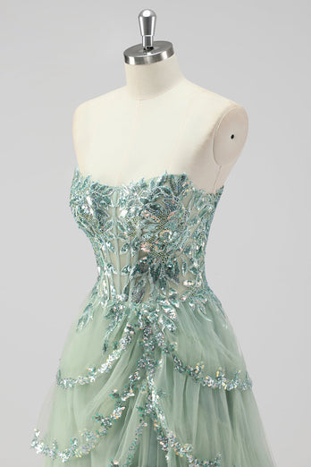 Lavender Corset A Line Sequins Long Tiered Prom Dress with Slit