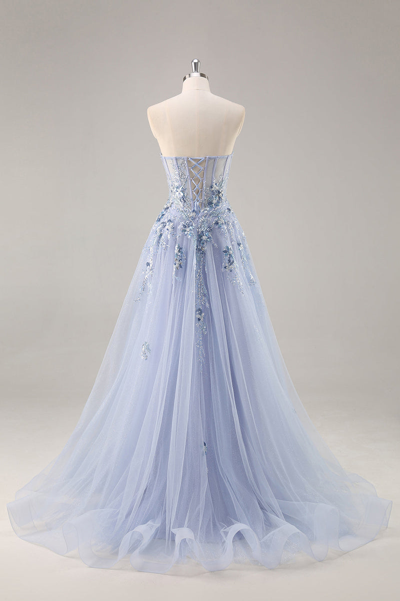 Load image into Gallery viewer, Sparkly Grey Blue Corset Tulle A Line Long Prom Dress with Appliques