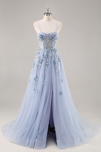 Sparkly Grey Blue Corset Tulle A Line Long Prom Dress with Appliques