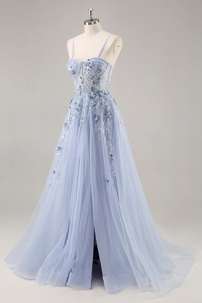 Load image into Gallery viewer, Sparkly Grey Pink A Line Long Corset Prom Dress with Appliques