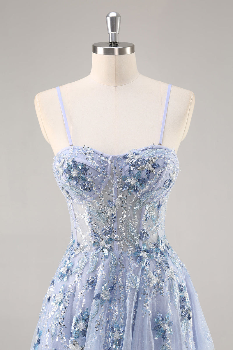 Load image into Gallery viewer, Sparkly Grey Blue Corset Tulle A Line Long Prom Dress with Appliques