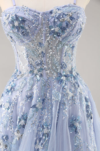 Sparkly Grey Blue Corset Tulle A Line Long Prom Dress with Appliques