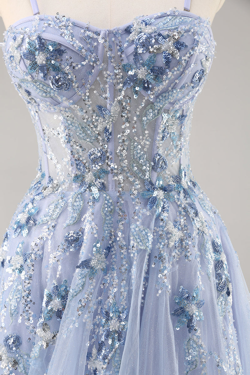Load image into Gallery viewer, Sparkly Grey Blue Corset Tulle A Line Long Prom Dress with Appliques