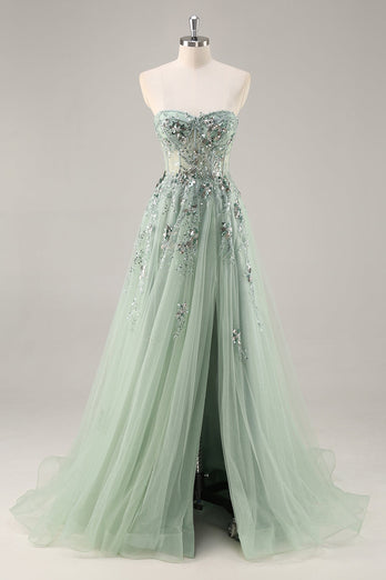 Sparkly Green Floral Corset Tulle Long Prom Dress with Appliques