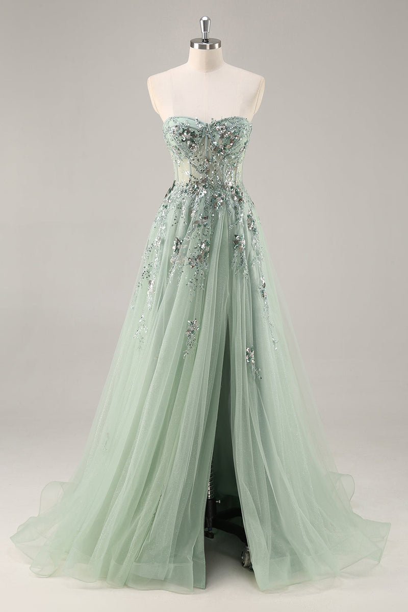 Load image into Gallery viewer, Sparkly Grey Blue Corset Tulle A Line Long Prom Dress with Appliques
